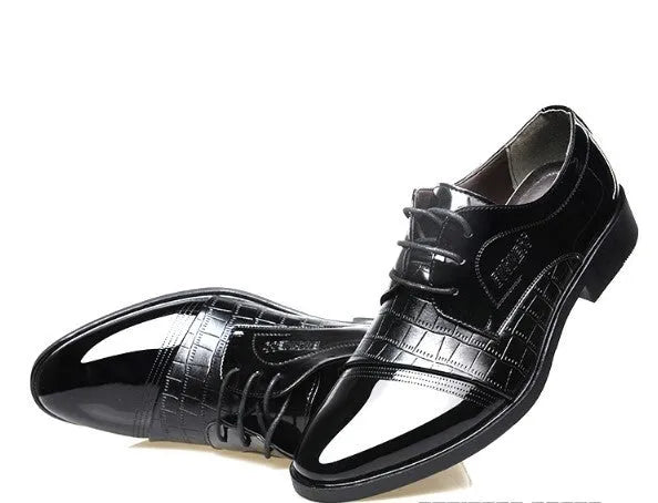 Men's pointed microfiber dress shoes with sequins and stitching, black, low-top design