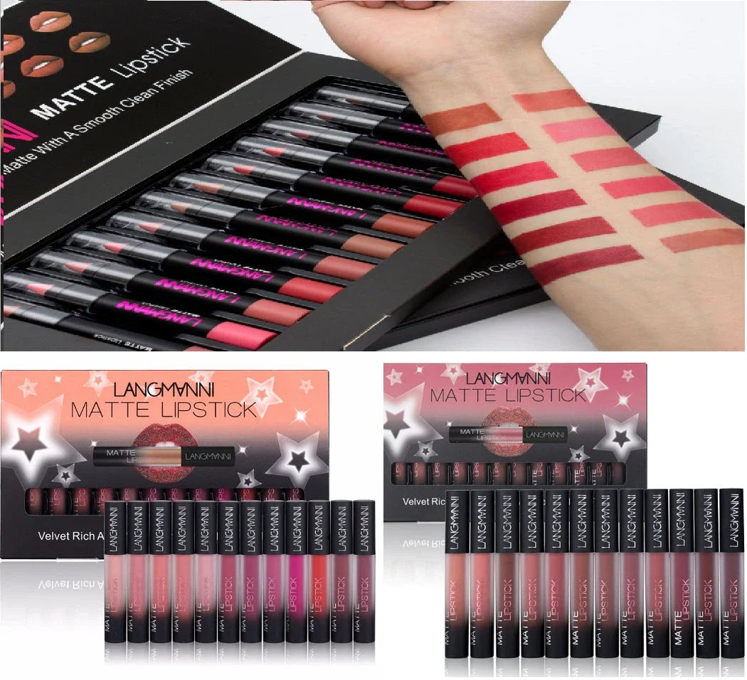 Velvety matte lipstick collection in various shades, offering long-lasting, vibrant color and nourishing comfort.