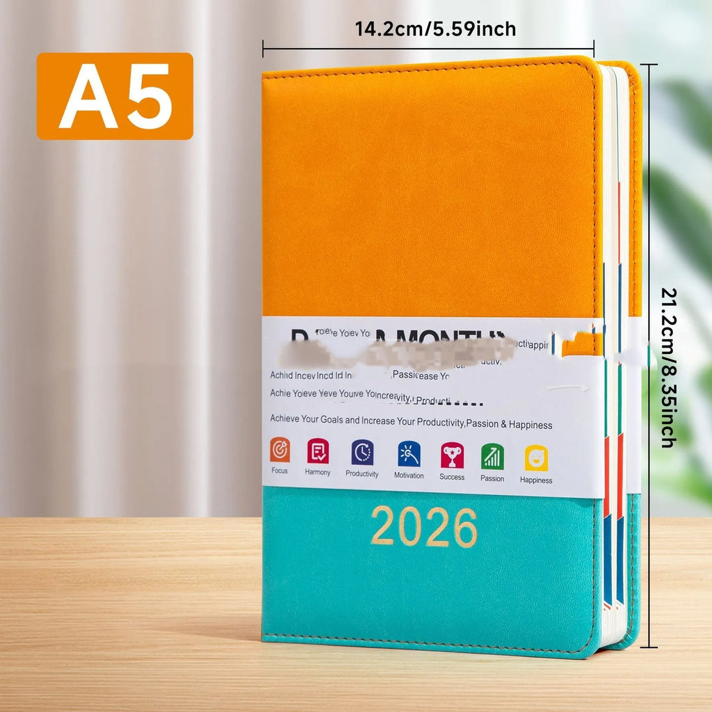 A5 English schedule book with waist seal, imitation leather cover, open to daily page