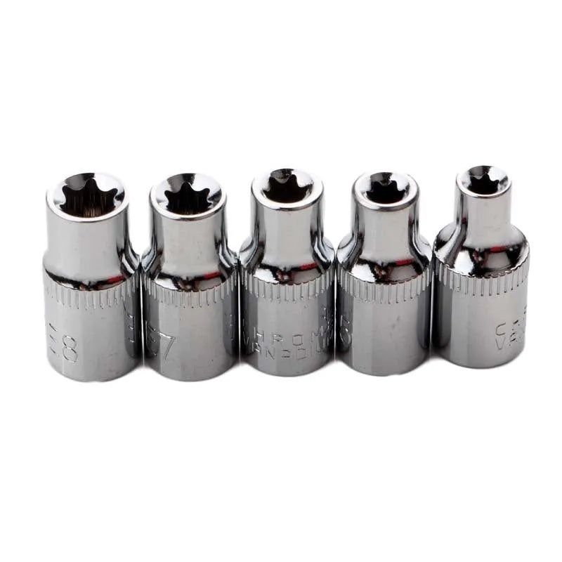 Red box containing a 14-piece set of chrome vanadium steel E-type sockets for auto and mechanical repair