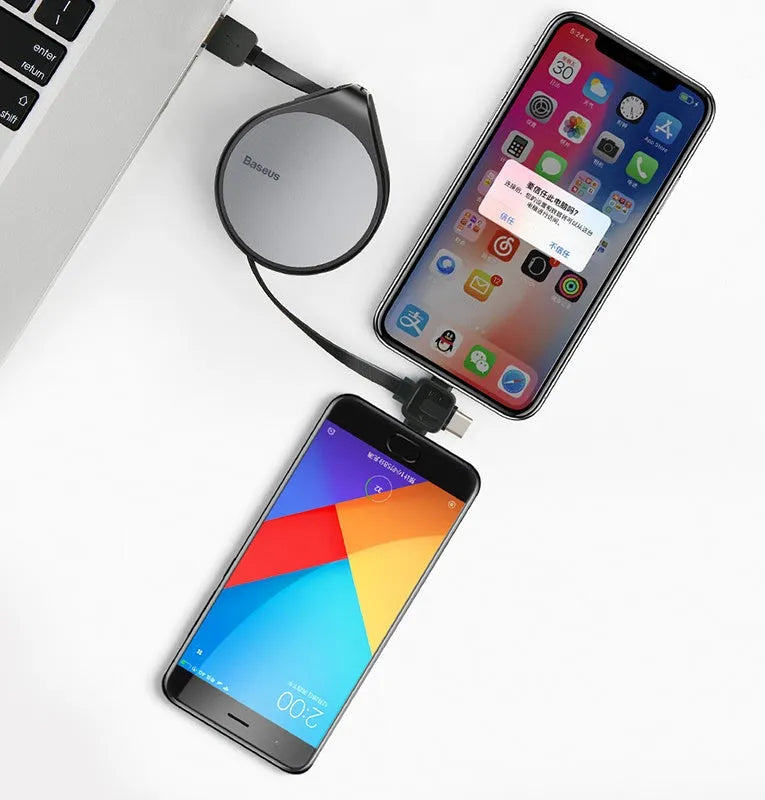Telescopic three-in-one fast charging data cable extended to 1m length in choice of colours