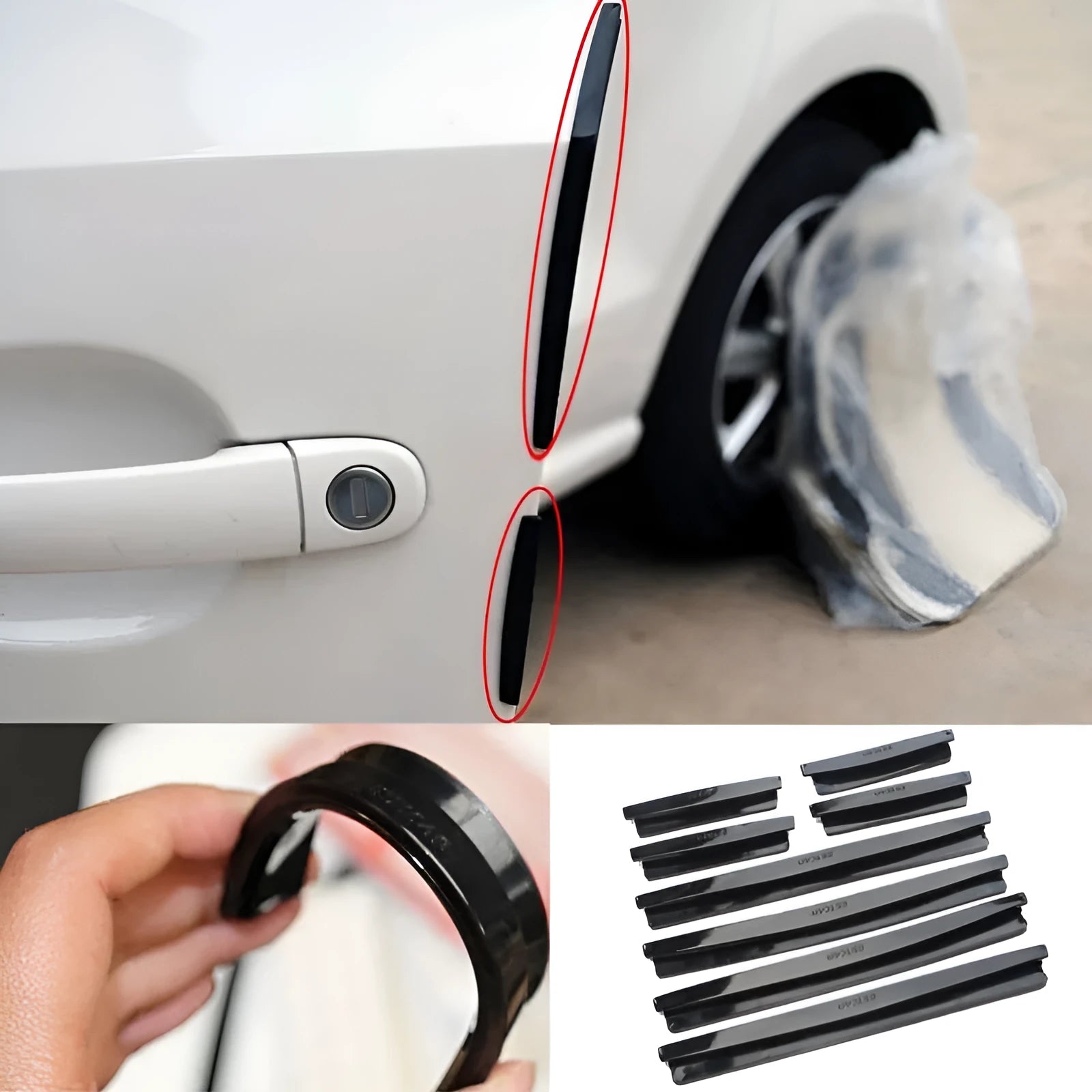 8-piece car door edge guard set in black and transparent trim on a vehicle door