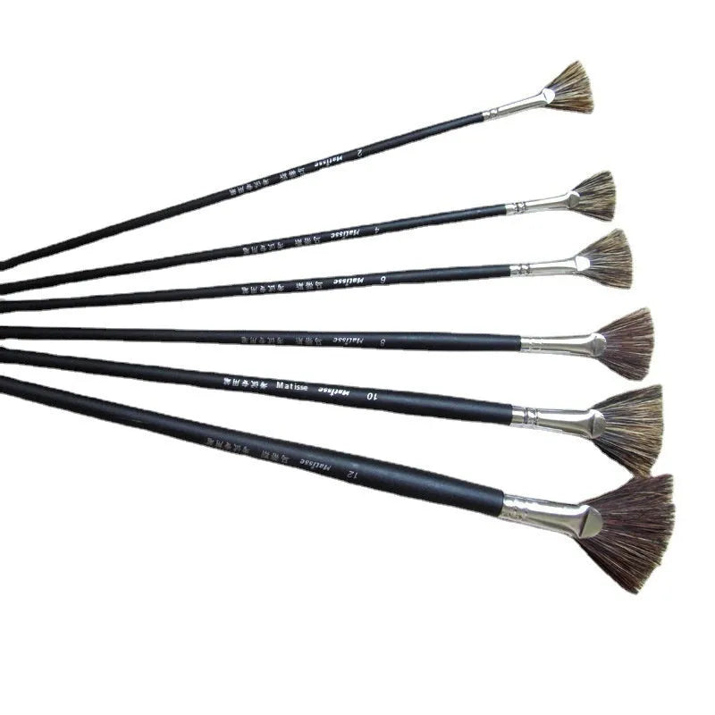 Mattis fan-shaped painting brush set, six black brushes with wild boar mane bristles and birch handles