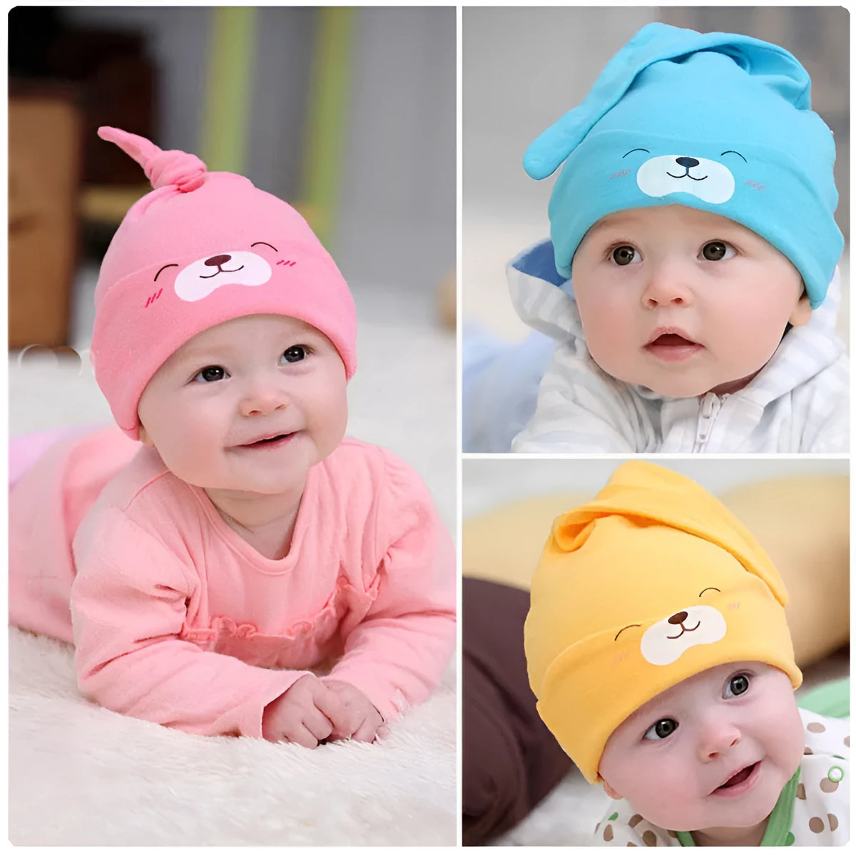 Baby soft cotton sleeping cap with cartoon bear pattern in blue, on a white background