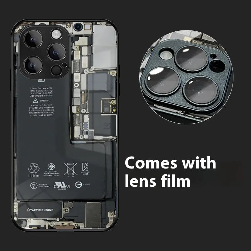 Creative circuit board phone case with lens protector in black, glass construction for iPhone
