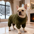 Four-legged pet cotton high-neck warm pullover in army green for dogs, side view on grass