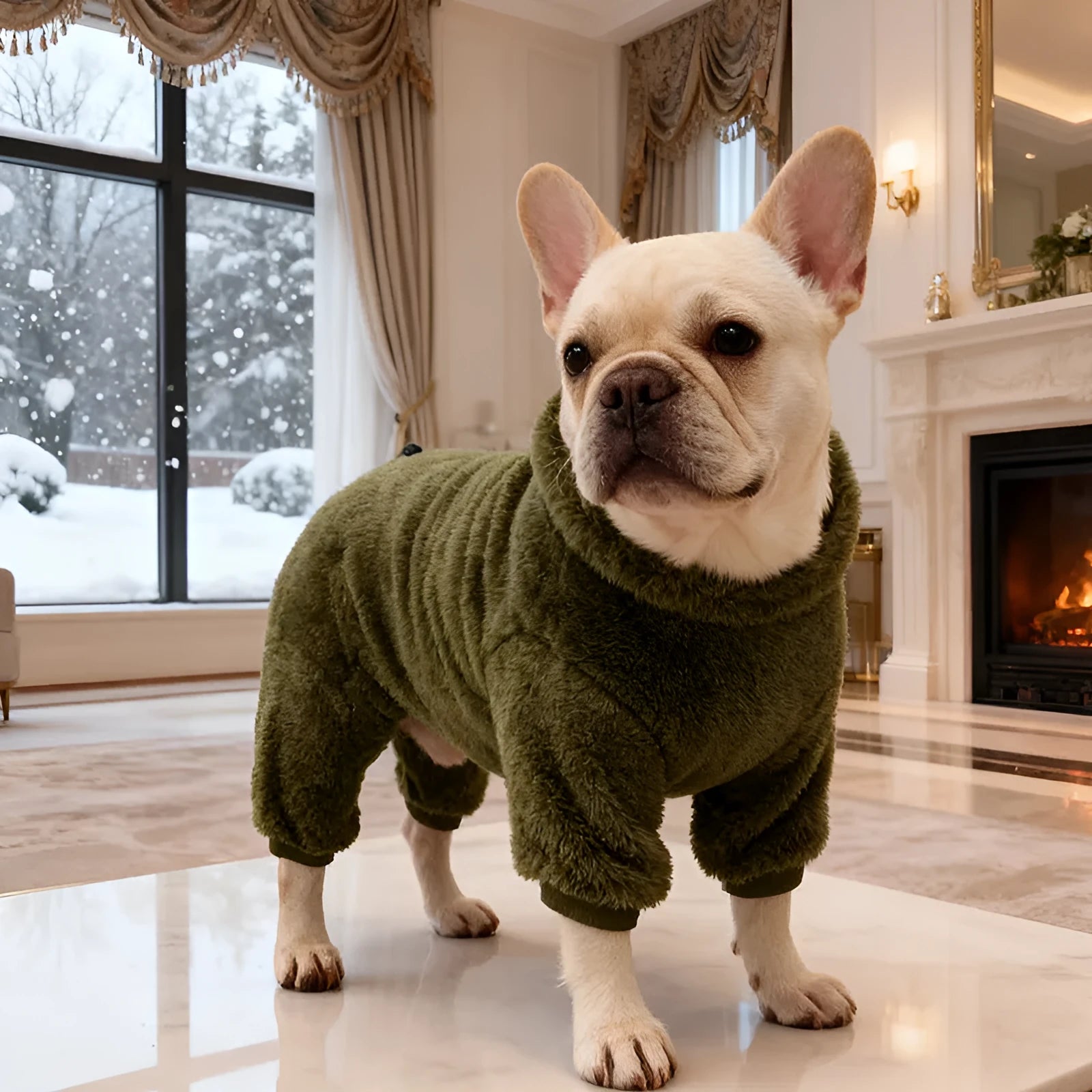 Four-legged pet cotton high-neck warm pullover in army green for dogs, side view on grass