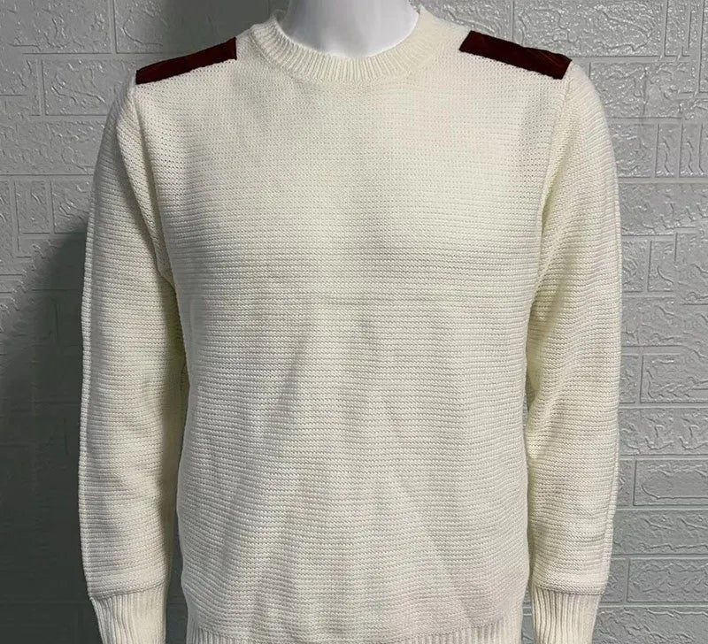 Men's round neck long sleeve acrylic knitwear pullover in slim fit, stitching detail, available in white black khaki gray