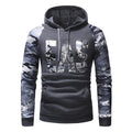 Men's long sleeve camouflage print hooded sweatshirt in black, light grey, or dark grey with raglan sleeves, sizes M to XXL