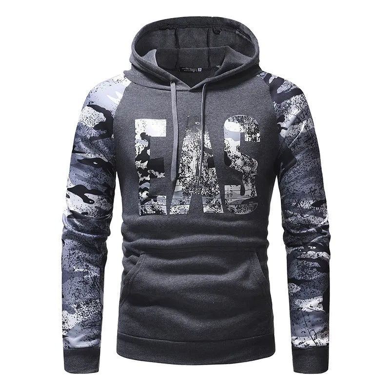 Men's long sleeve camouflage print hooded sweatshirt in black, light grey, or dark grey with raglan sleeves, sizes M to XXL