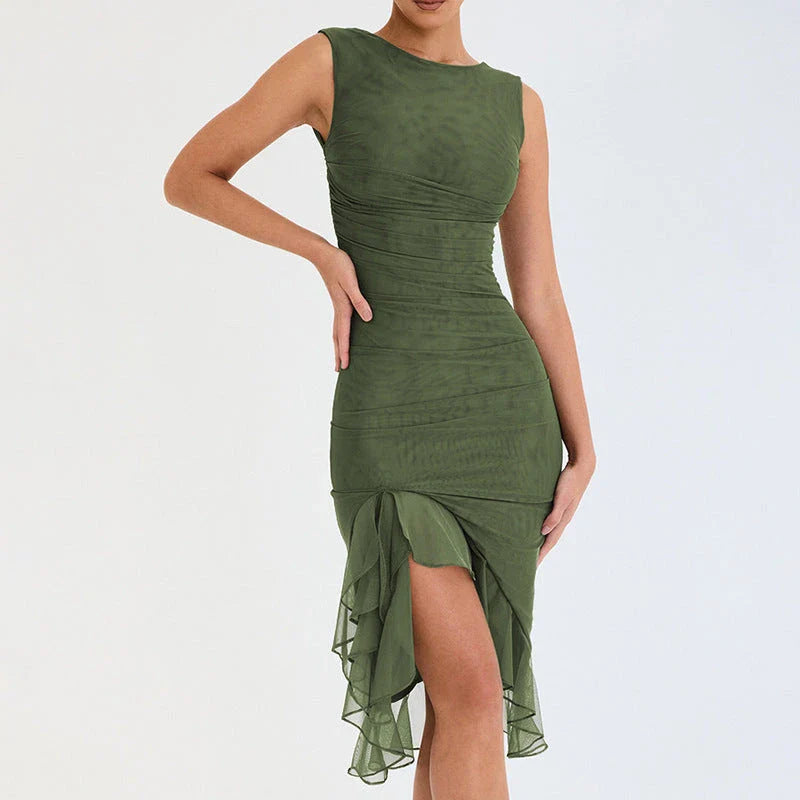 Sleeveless mini dress in solid colors, including black, army green, and purple, with a flattering bodycon silhouette and collage-inspired splicing detail.