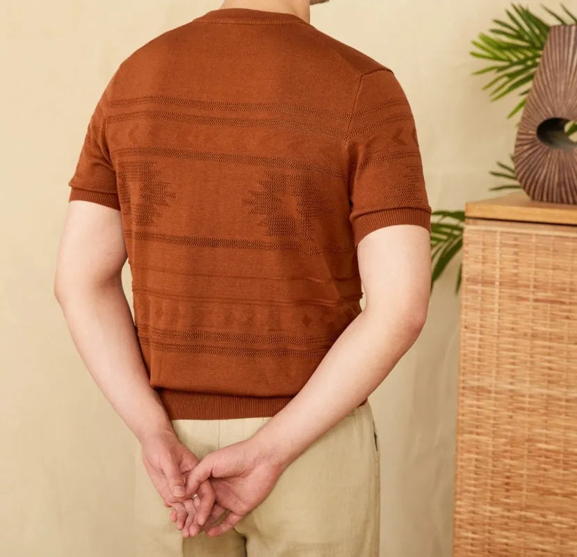 Knitted Henley shirt American retro slim-fit short sleeve in denim blue, cotton Lyocell blend