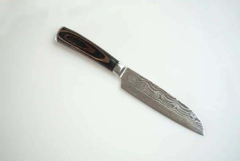 7Cr17 stainless steel kitchen knife with Damascus patterned 18 cm blade and coloured wood handle
