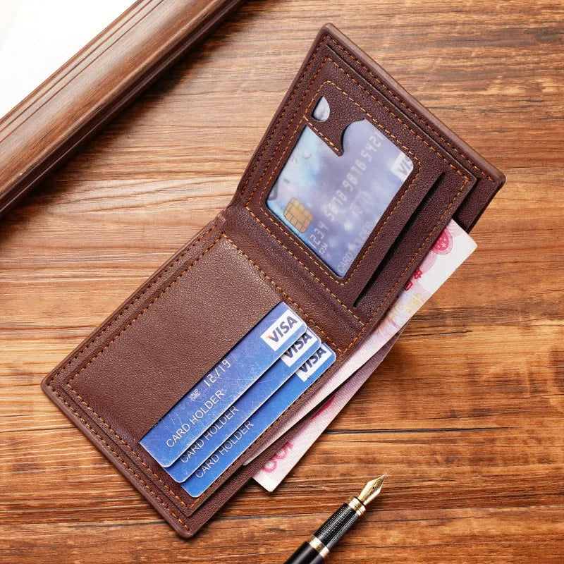 Men's black three-fold PU leather wallet open to show multiple short card slots.