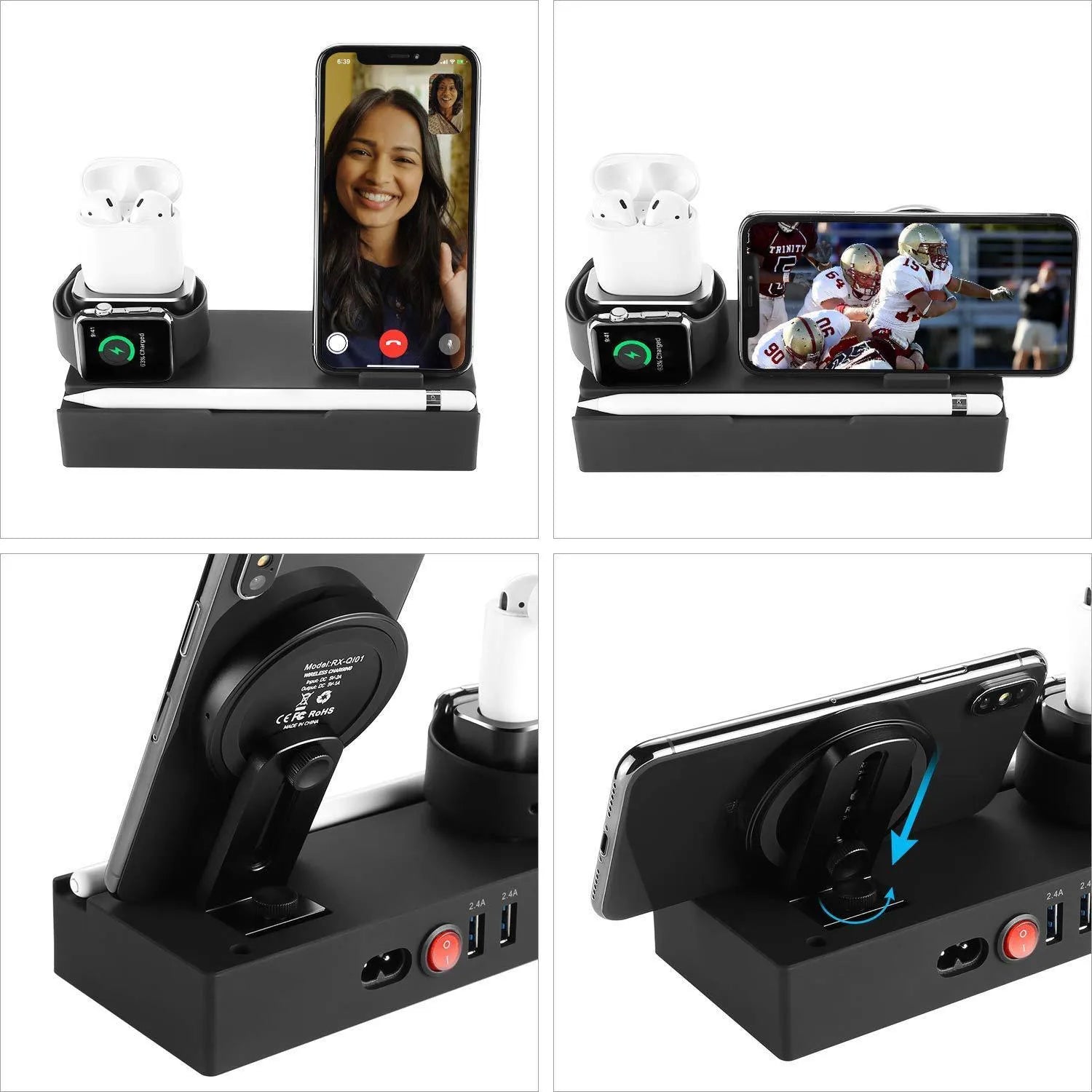 Black eight-in-one wireless charging station with bracket design showing five USB ports and wireless charging pad