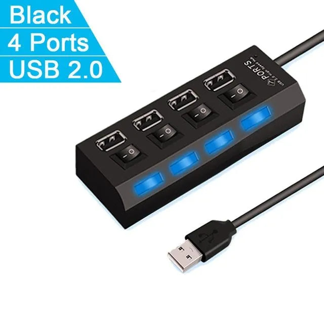 Black and white USB 3.0 hub showing 4-port and 7-port models for computer connectivity