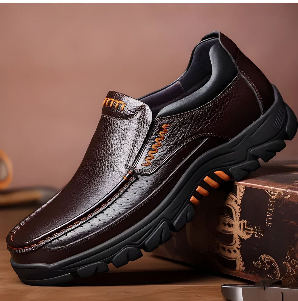 Men's black and brown business casual slip-on loafers with cowhide leather upper