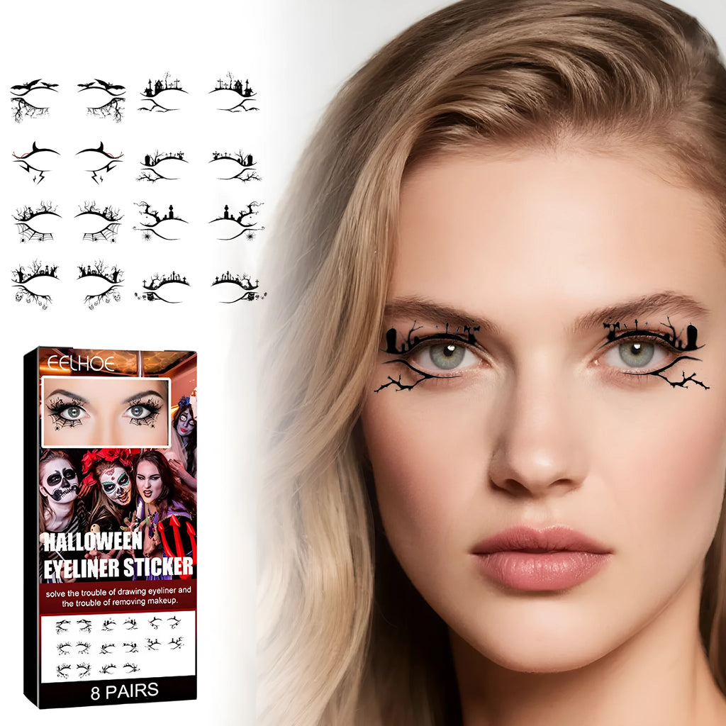 Set of eight pairs of bat and spider themed eyeliner stickers for decorative eye makeup