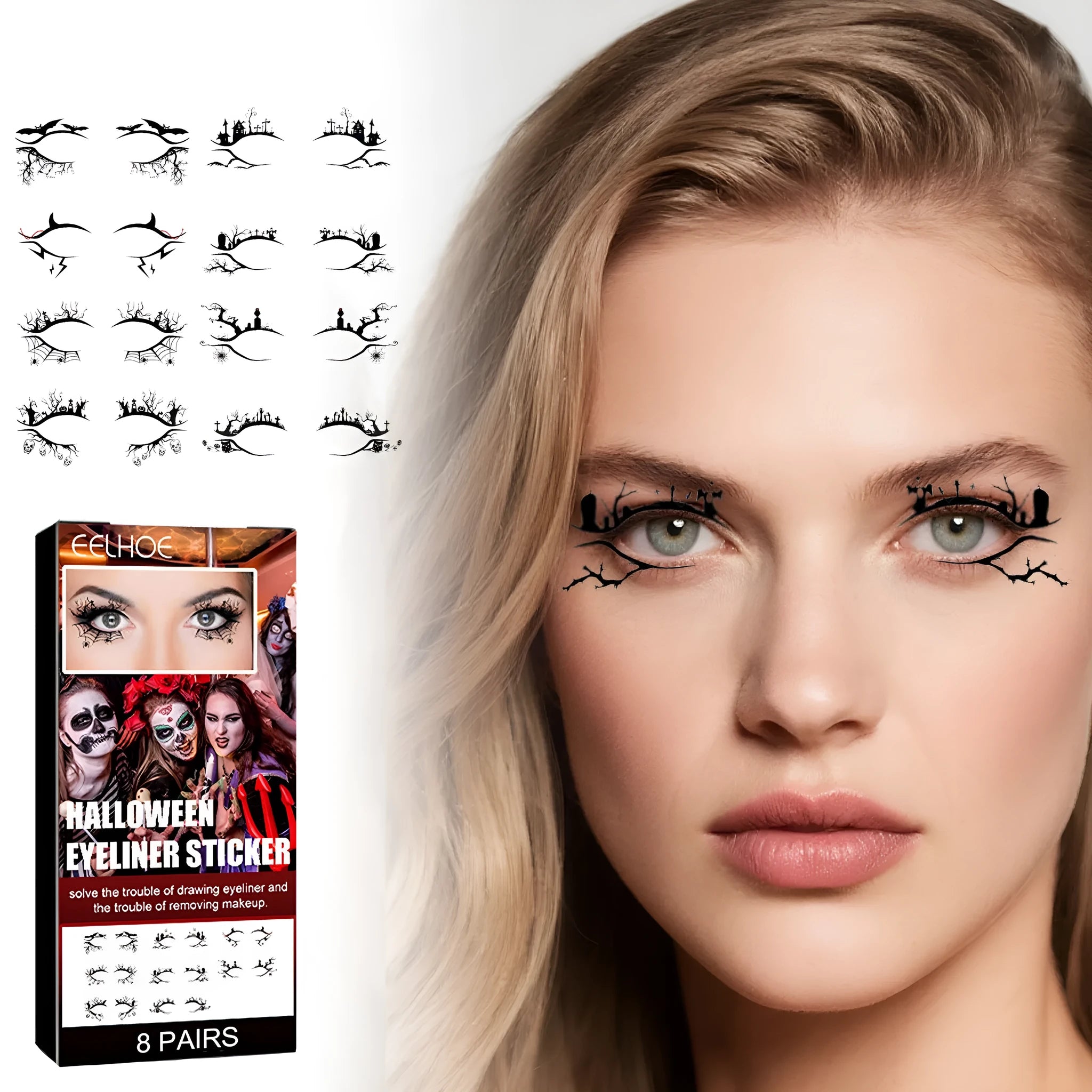 Set of eight pairs of bat and spider themed eyeliner stickers for decorative eye makeup
