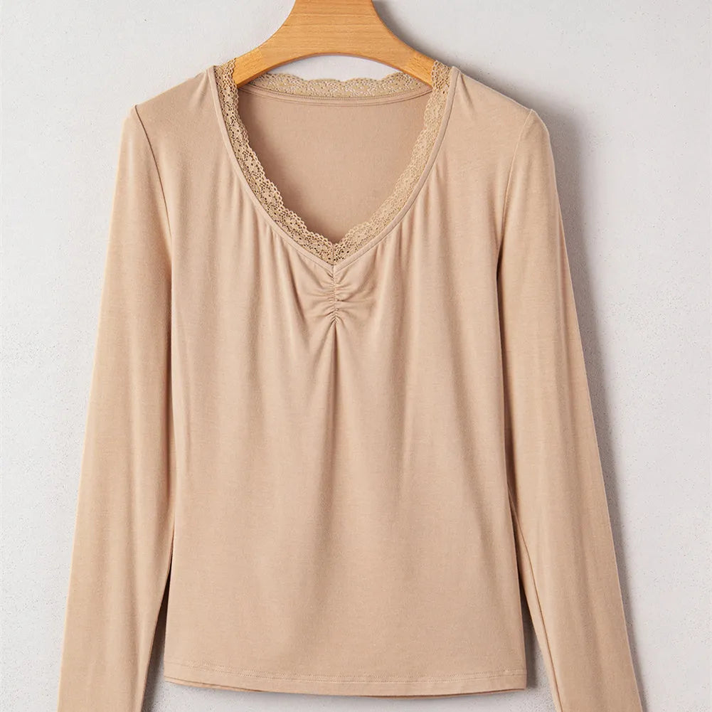 Red long sleeve casual top with lace trim detail showing slim fit styling