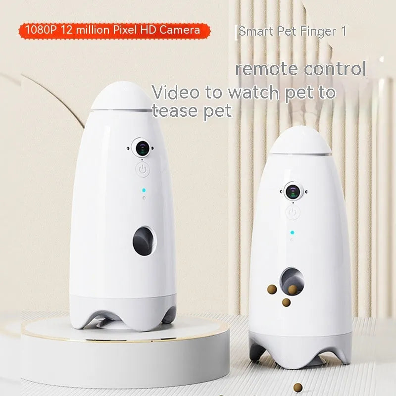 White automatic pet feeder for dogs and cats with camera, 200g capacity, 270 x 120mm