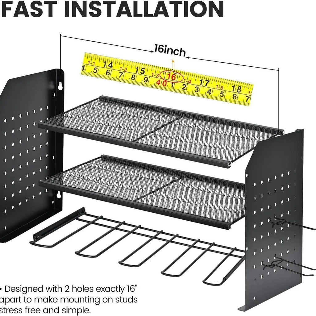 Wall-mounted carbon steel three-layer tool rack holding electric drills and screwdrivers in a garage