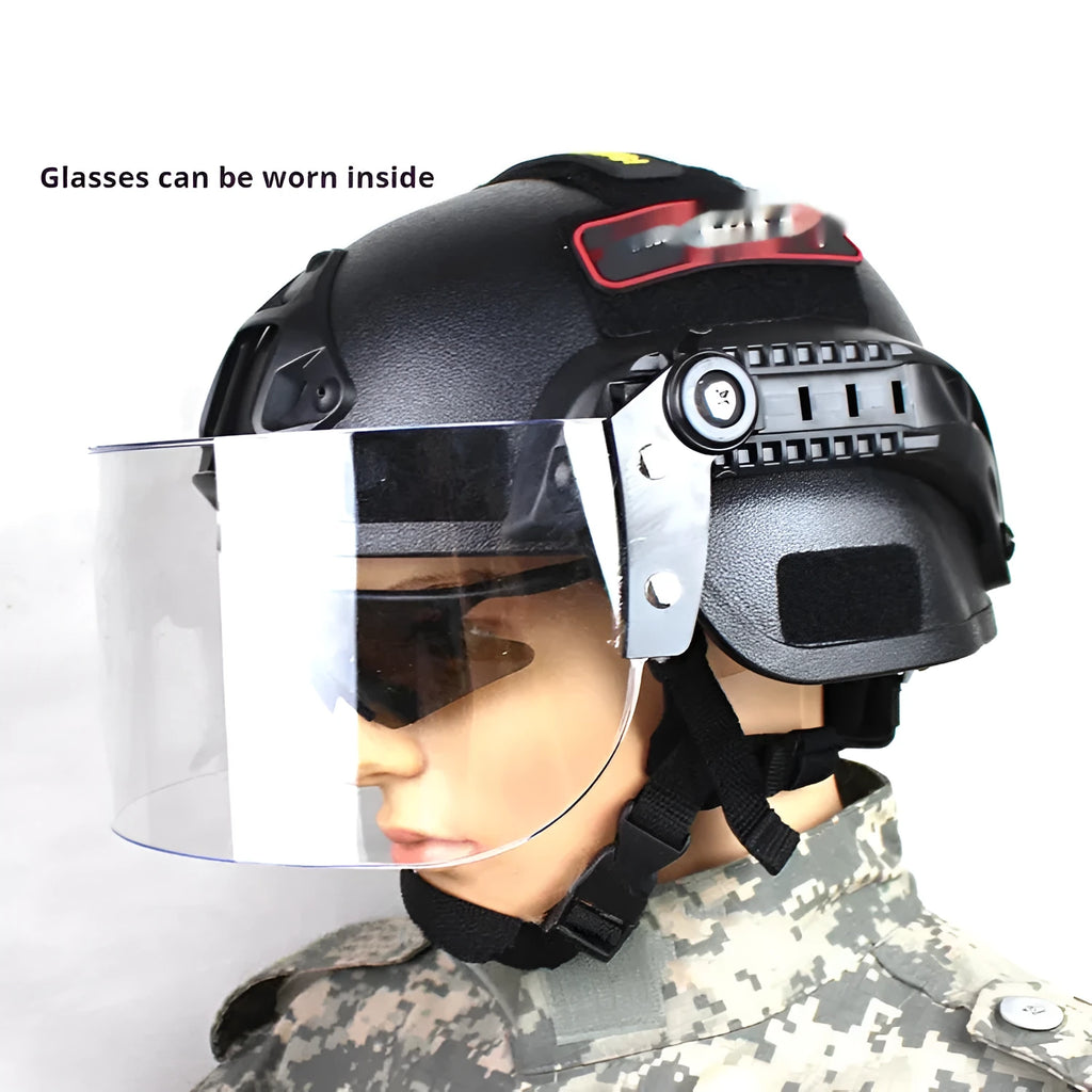Tactical anti-riot helmet with transparent face shield and explosion-proof mask in Army Green colour