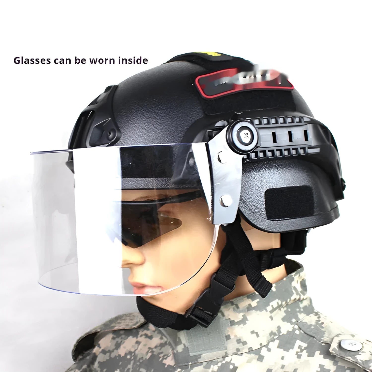 Tactical anti-riot helmet with transparent face shield and explosion-proof mask in Army Green colour