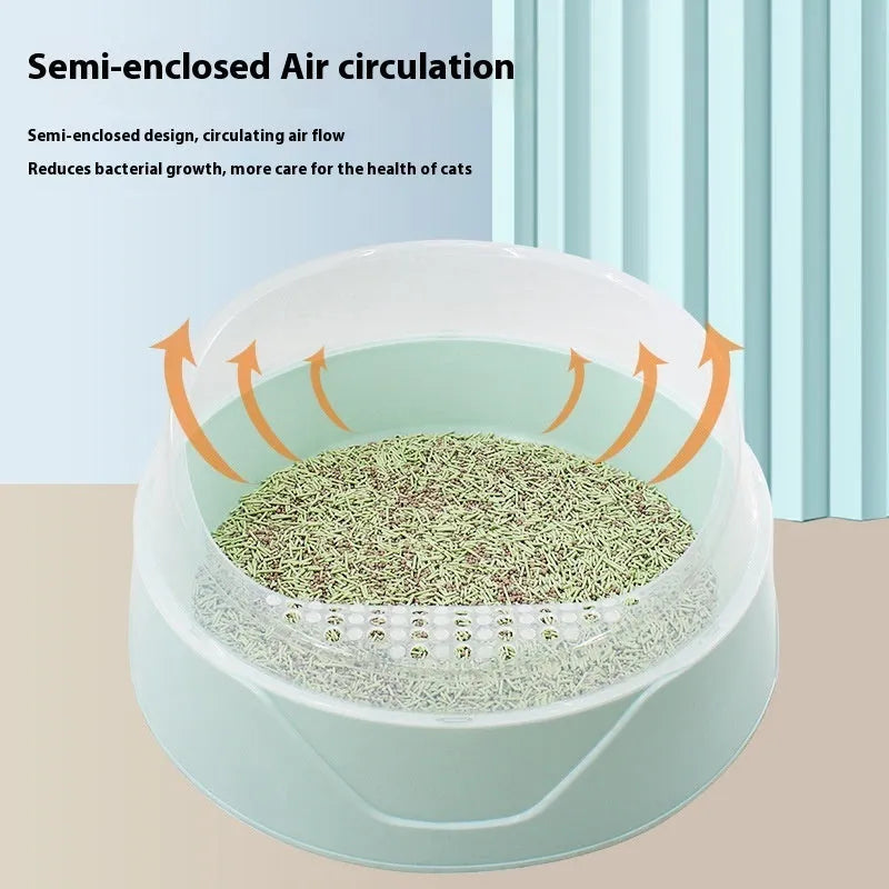 Round deodorant cat litter box in mint green and pink colour options showing large and small sizes.