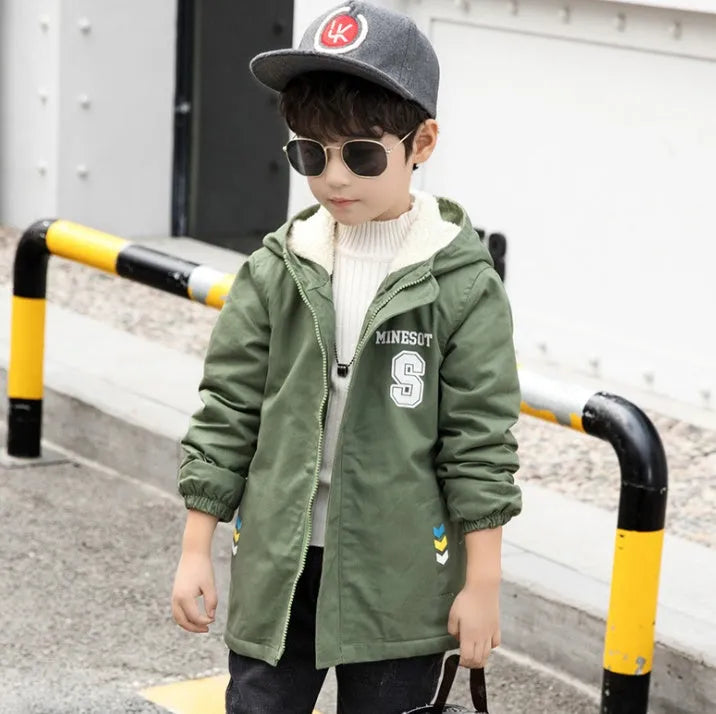 Children's winter jacket plus velvet lining casual windbreaker style for boys sizes 110-160cm