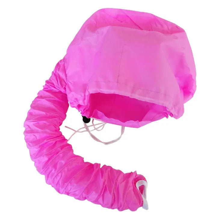 Hair dryer bonnet hood attachment with elastic tube and drawstring, available in Pink and Silver