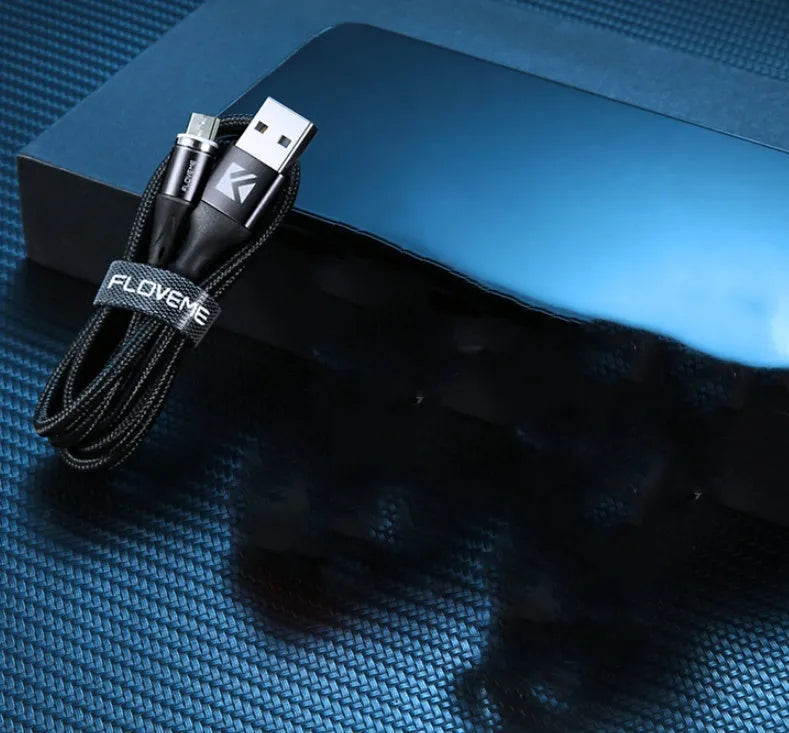 Black 3A fast charge magnetic data cable with 3-in-1 connector for iPhone, Android and Type-C.