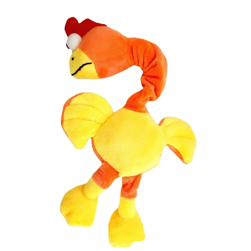 Chicken-shaped dog squeaker toy in orange colour showing bite-resistant rubber construction