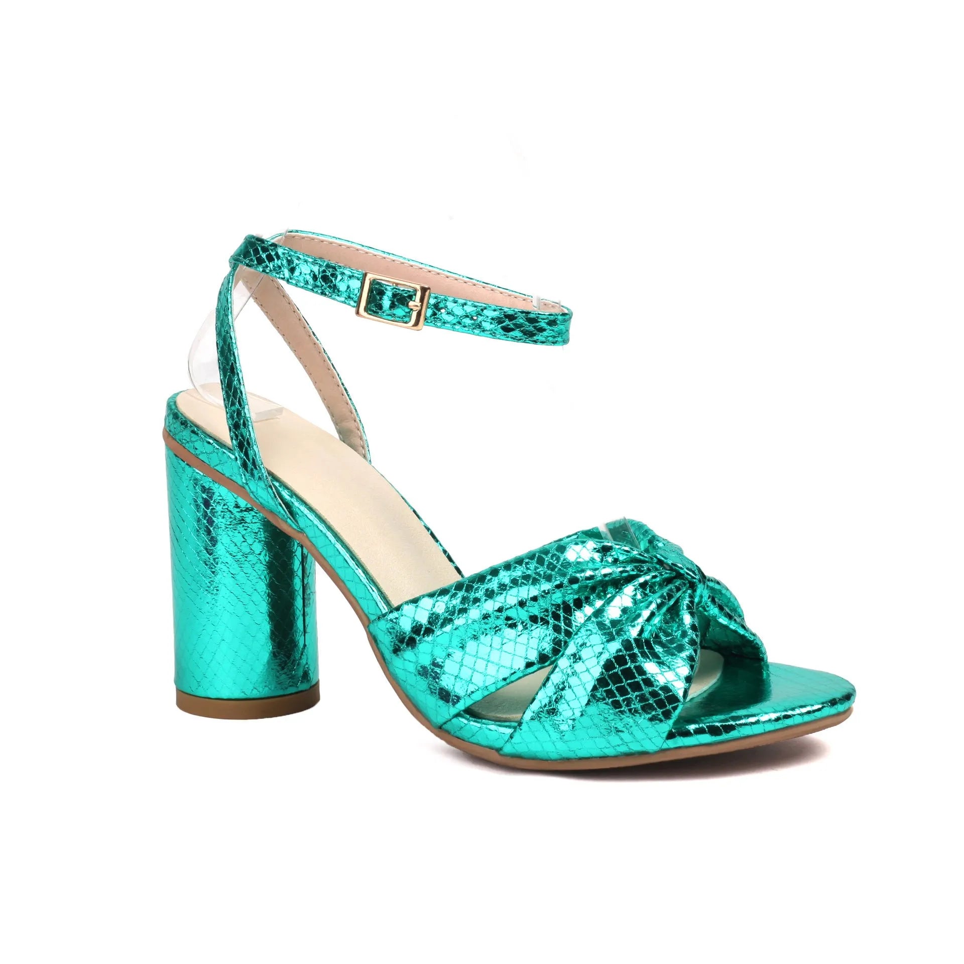 Women's plus size peep toe ankle buckle sandals in gold colour with high heel and adjustable strap