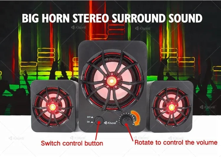 Green USB computer speaker with colourful glowing lights showing USB and 3.5mm ports