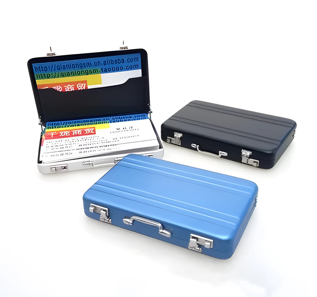 Aluminium mini suitcase business card holder, 9.6x8.2x1.6cm, in golden pink black blue or silvery.