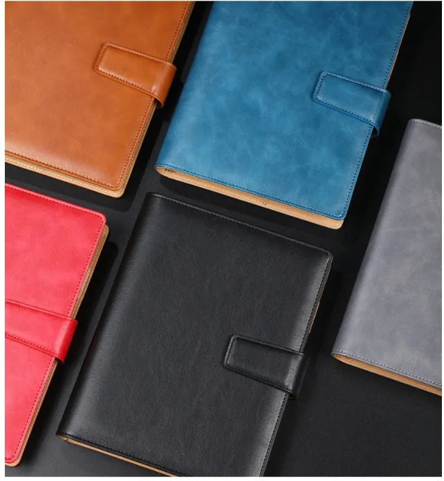 A5 leather notebook with 6-hole binder clip closure and hard cover