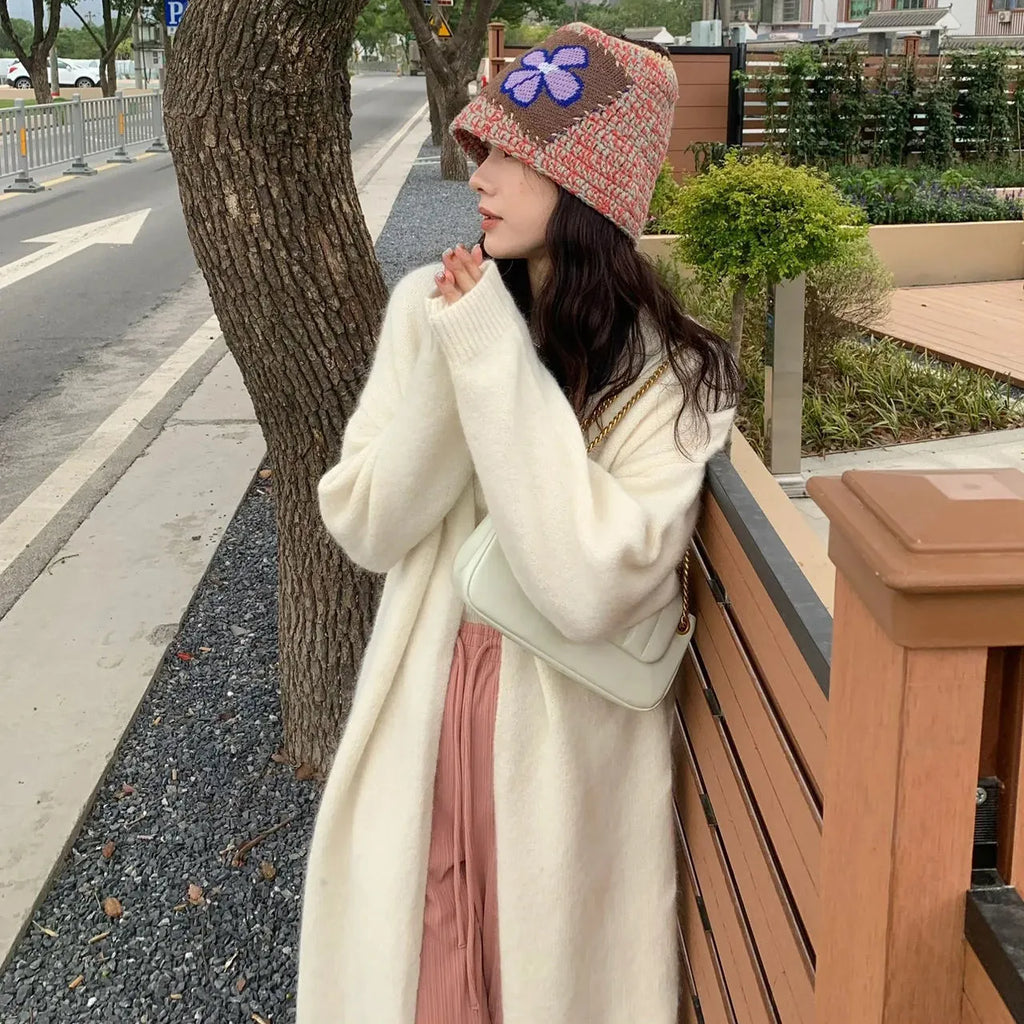 Gentle thickened knitted cardigan coat for women, shoulder strap style, Ice Silk fabric, beige colour, open front