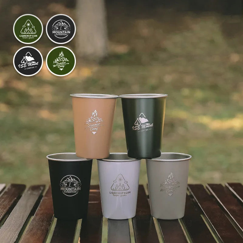 304 stainless steel camping cup set with four 350ml cups in Army Green, Black, or White