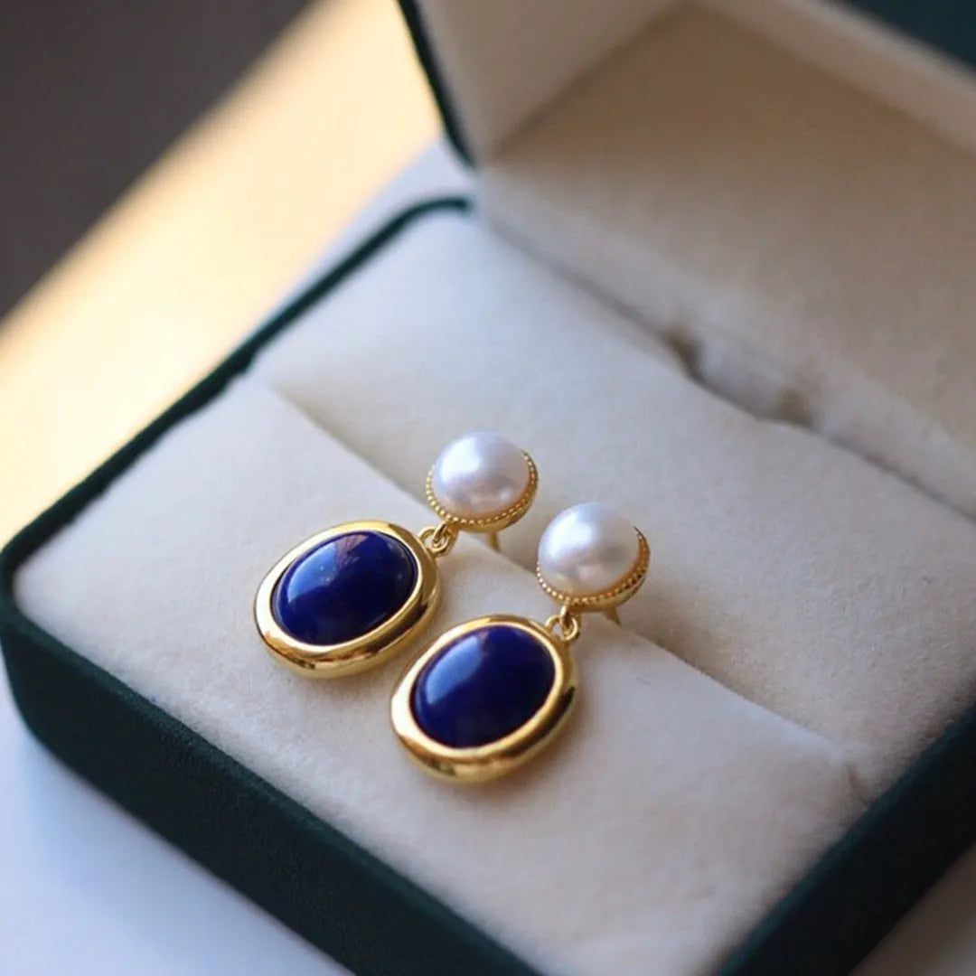 Silver lapis lazuli pearl earrings with auspicious patterns on 925 sterling silver