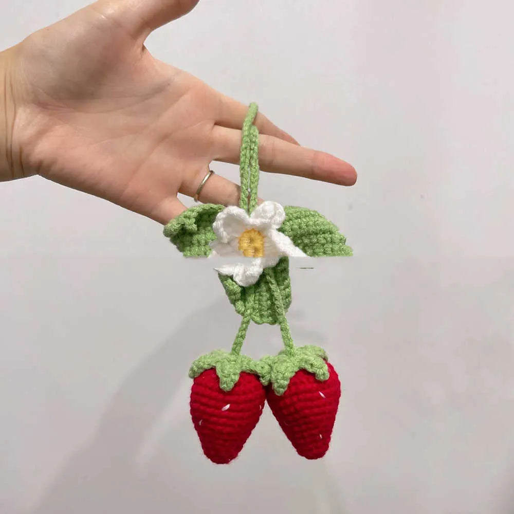 Handmade strawberry-shaped car decoration pendant made from knitted cotton and hemp wool