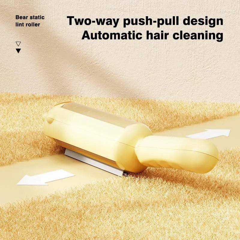 Reusable pet hair remover with self-cleaning base in blue, pink and yellow colours