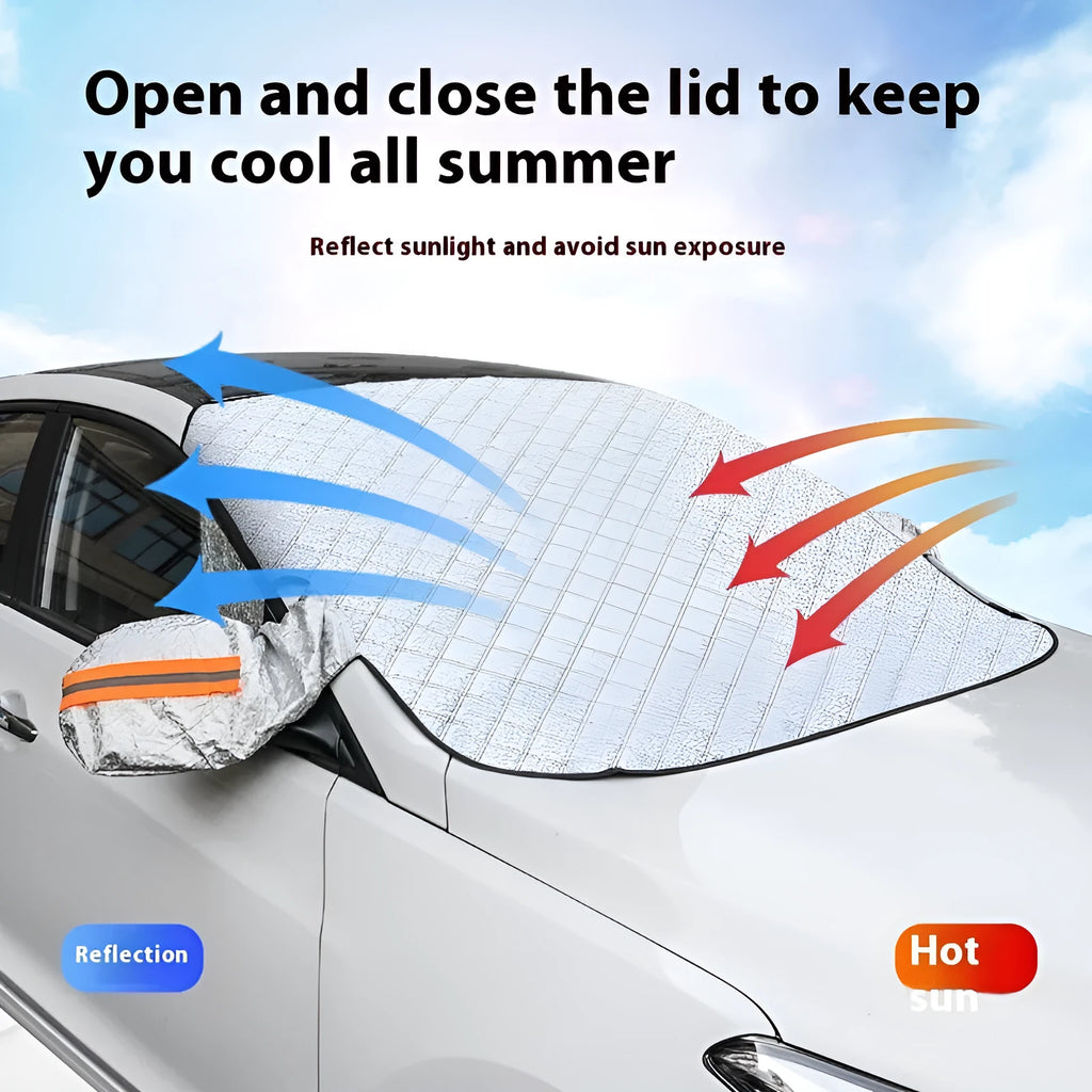 Aluminium foil car windshield cover with magnetic fasteners and reflective edge stripes for winter protection