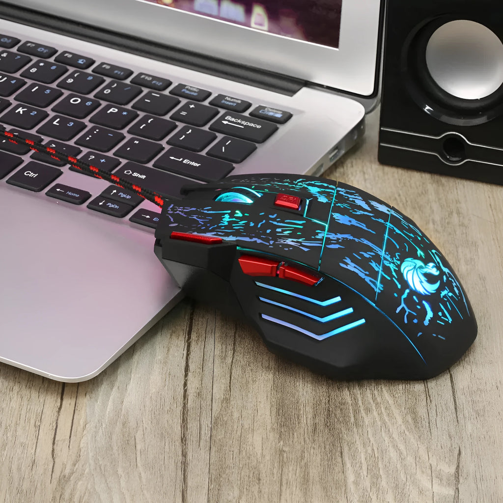 H300BK water crack luminous gaming mouse with wired USB connection on desktop