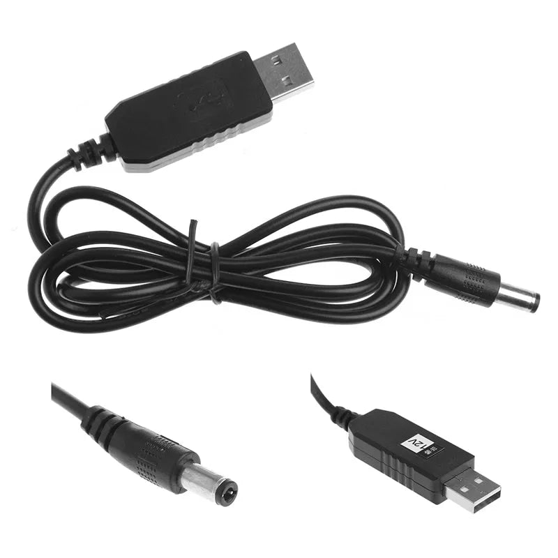 Black USB 5V to DC 12V step-up converter cable, 1M, USB A male to 2.1x5.5mm male plug