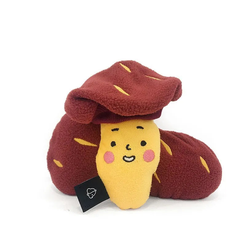 Red sweet potato shaped dog puzzle toy with hidden treat compartment