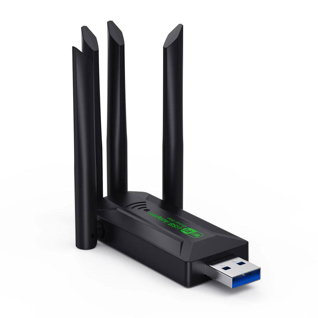 Black USB WiFi network transmitter dongle with four extended external antennas.