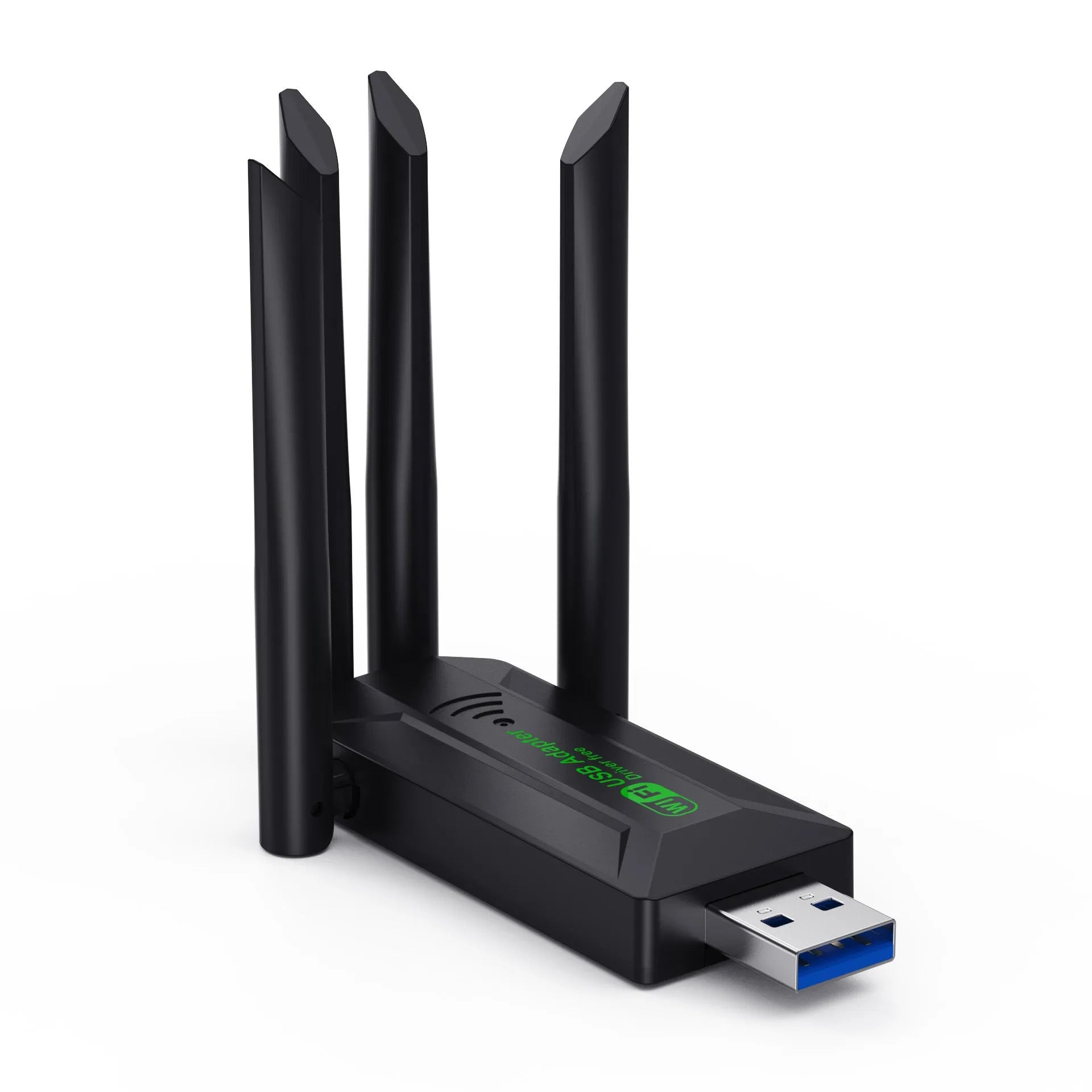 Black USB WiFi network transmitter dongle with four extended external antennas.