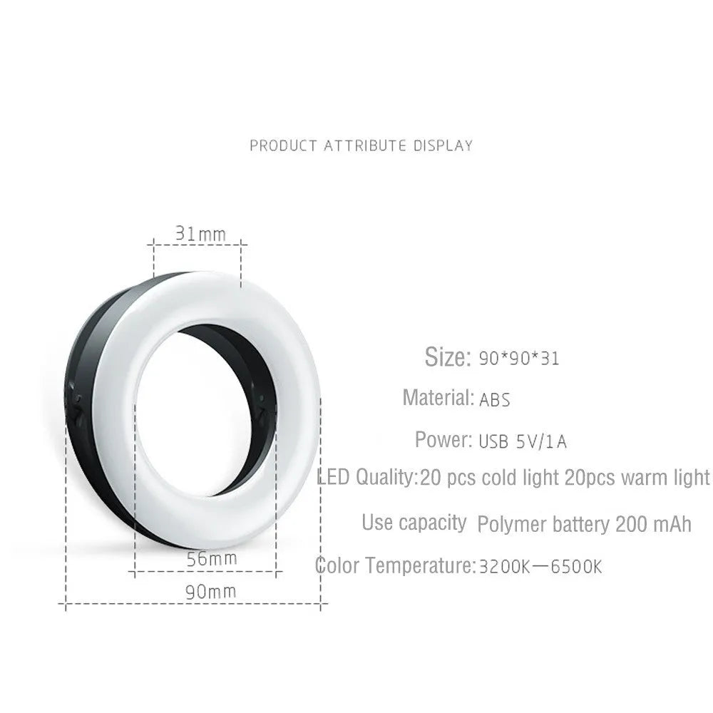 Black LED selfie ring light for mobile phones with USB cable for YouTube streaming and photography