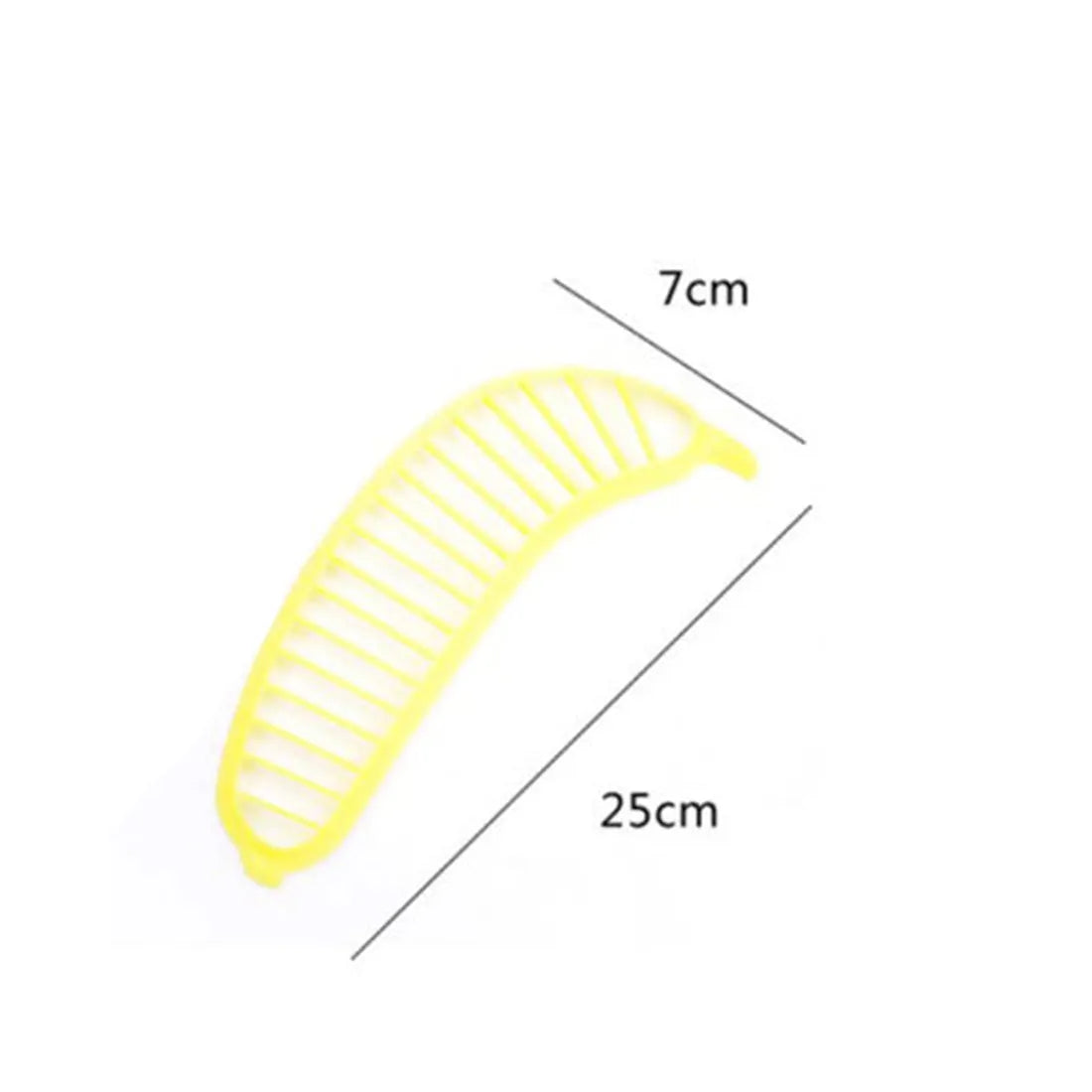 Yellow banana cutter slicer made of food-grade PP, approximately 25 x 7 x 1.4 cm